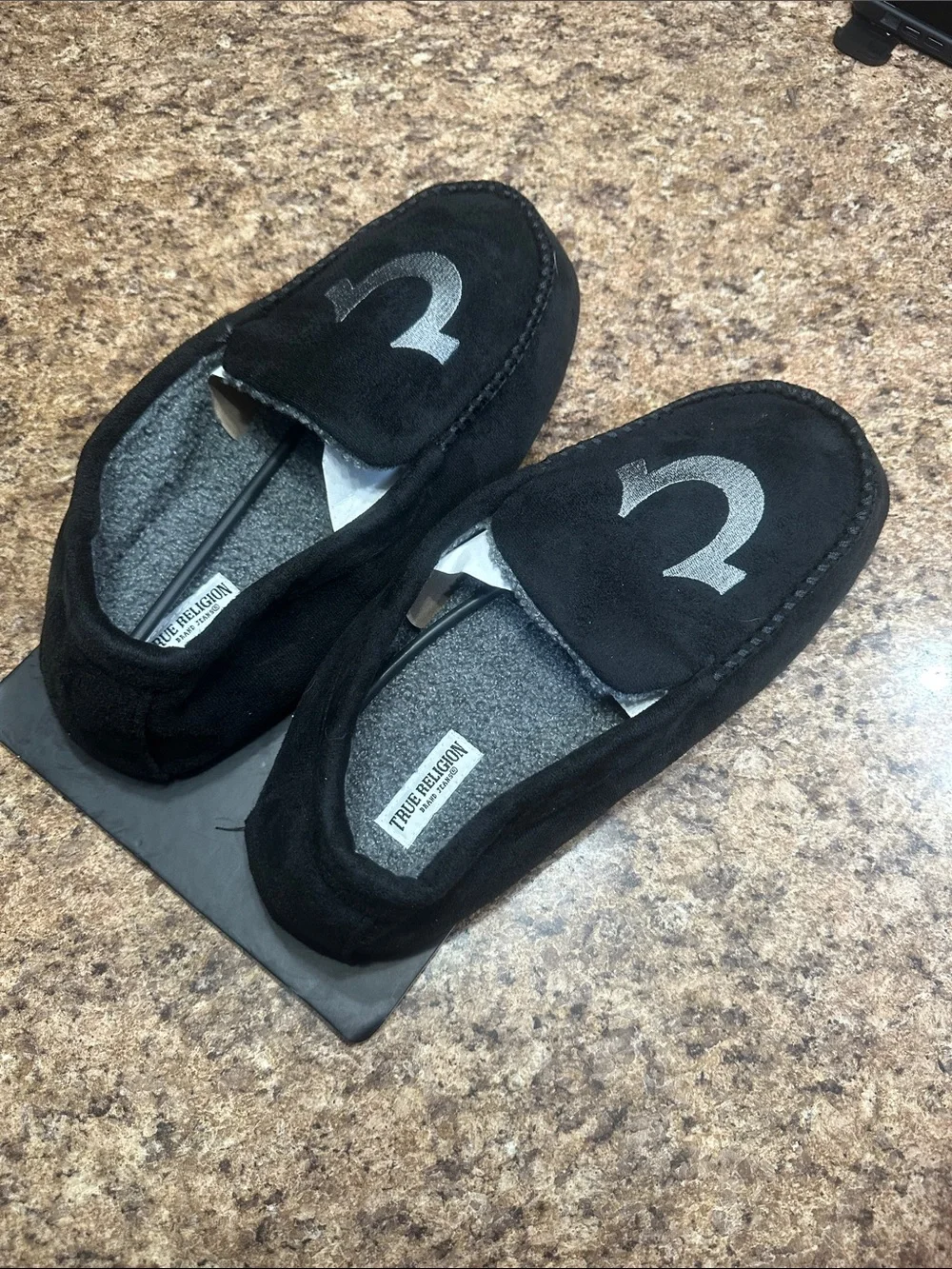 NWT True Religion Black Faux Suede Logo Loafers Slippers Large (11-12)